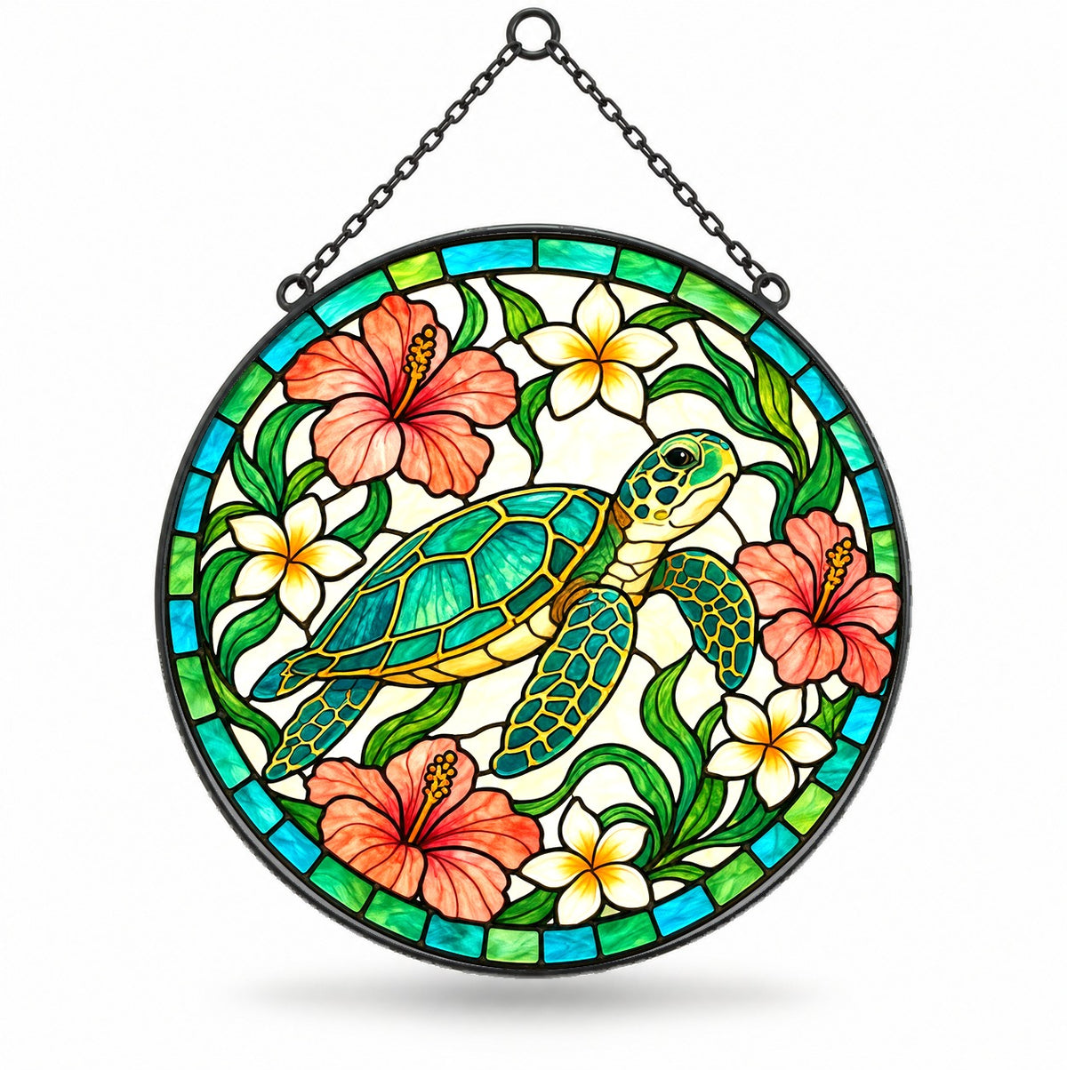 Gliding Sea Turtle Stained Glass Style Suncatcher Window Hanging
