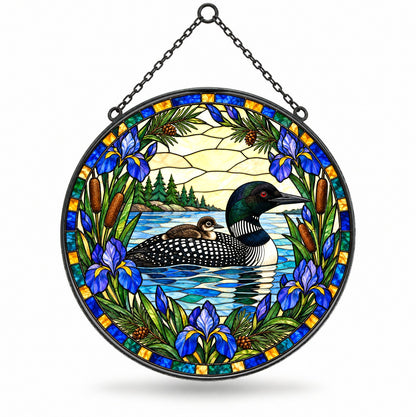 Northwoods Loon and Chick Suncatcher Hanging Glass Window Ornament