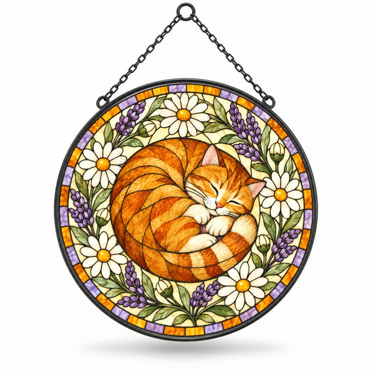 Sunlit Nap Sleeping Tabby Suncatcher, Hanging Glass Window Ornament
