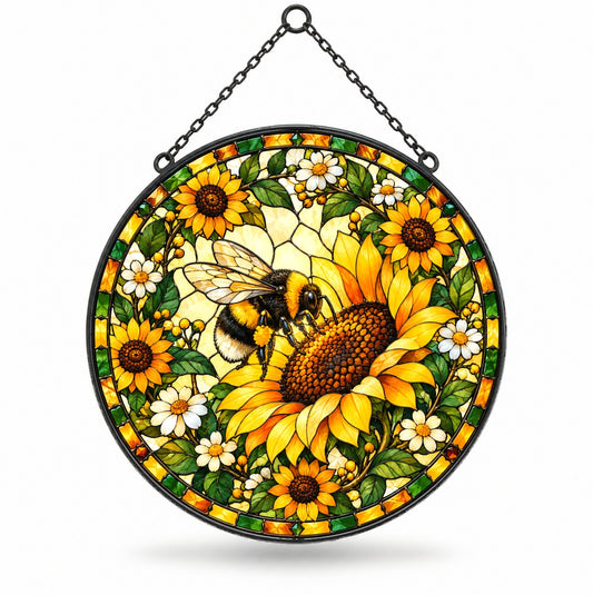 Sunflower Bumblebee Stained Glass Suncatcher Window Hanging Ornament