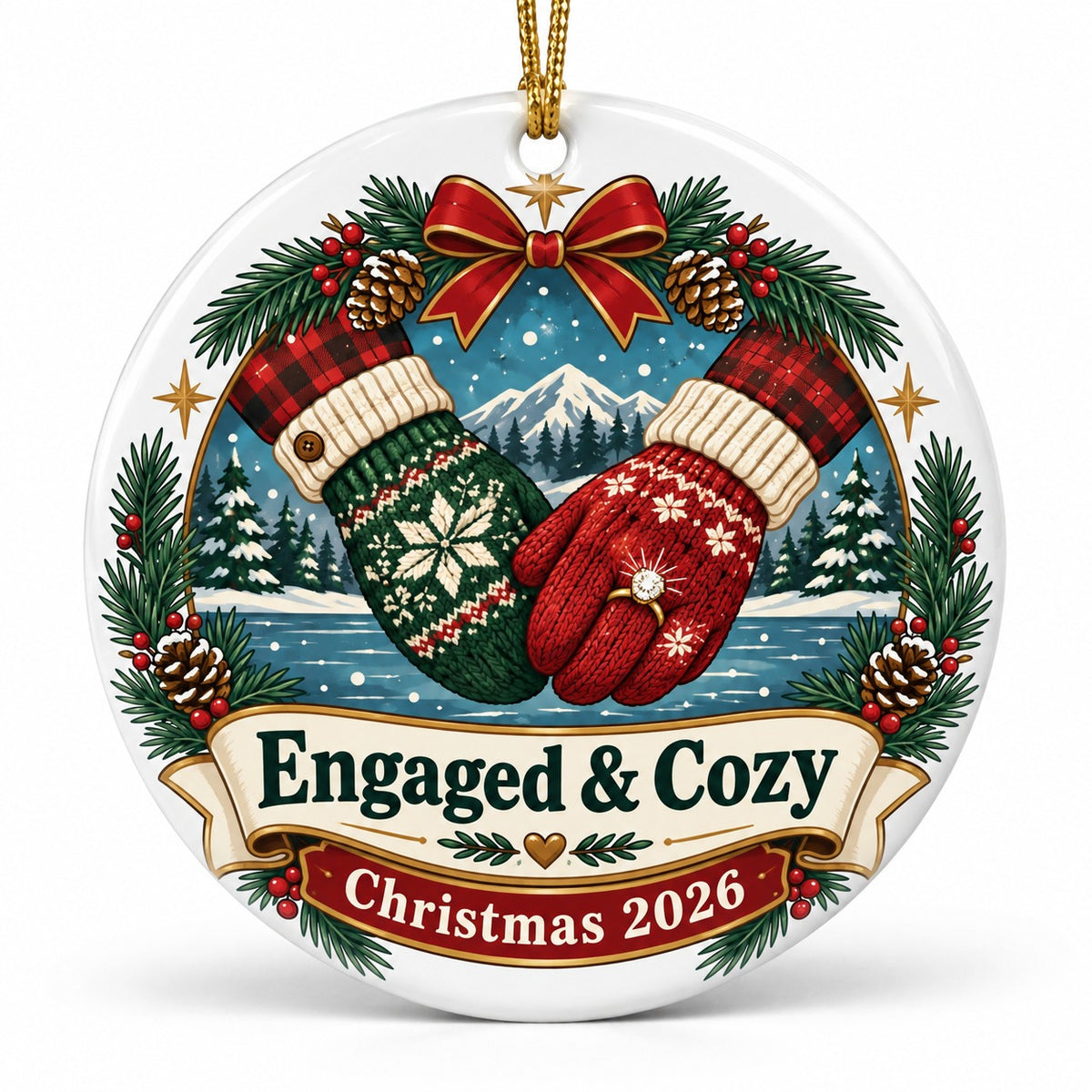 Engaged and Cozy Mittens Keepsake Engagement Christmas Ornament