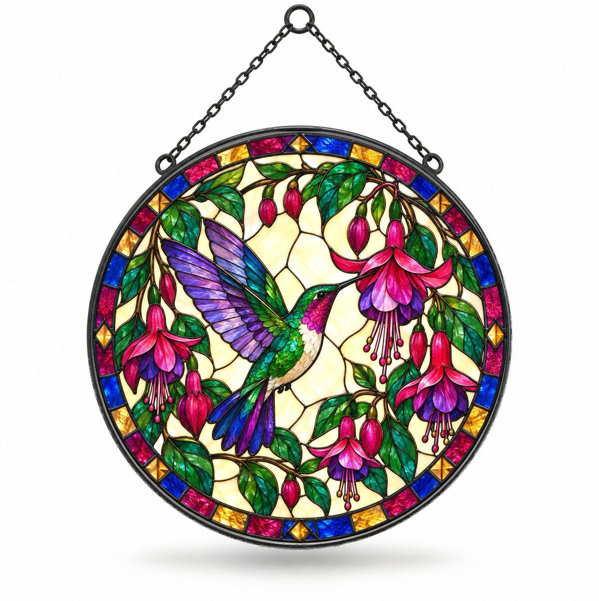 Jewel Fuchsia Hummingbird Glass Suncatcher Window Ornament