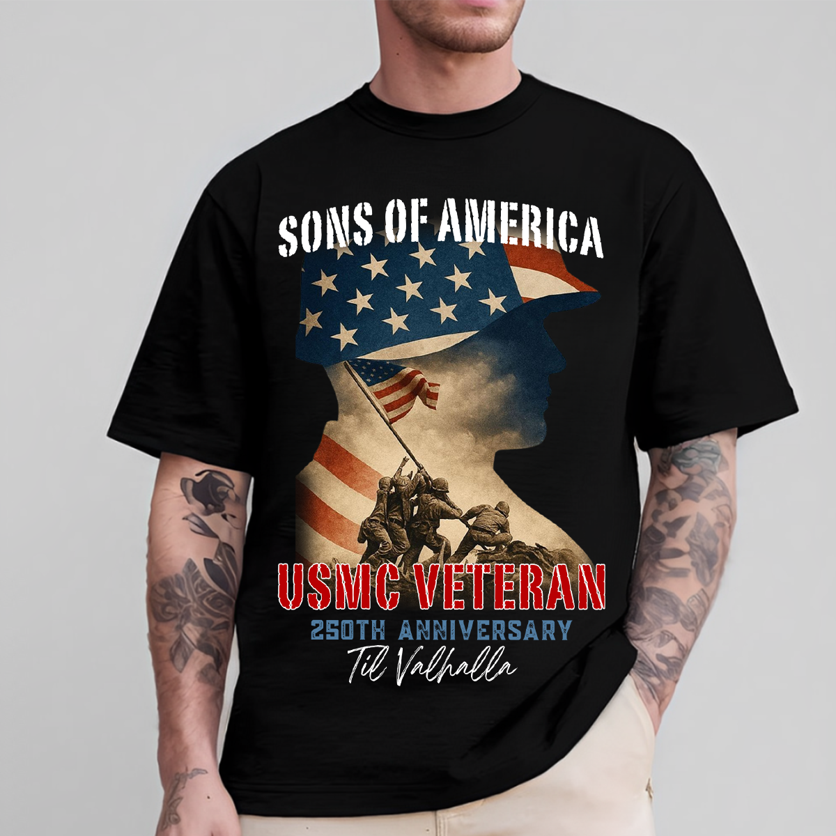 Sons of America USMC Unisex Shirt, 250th Anniversary  Til Valhalla Iwo Jima Design Veteran Tee