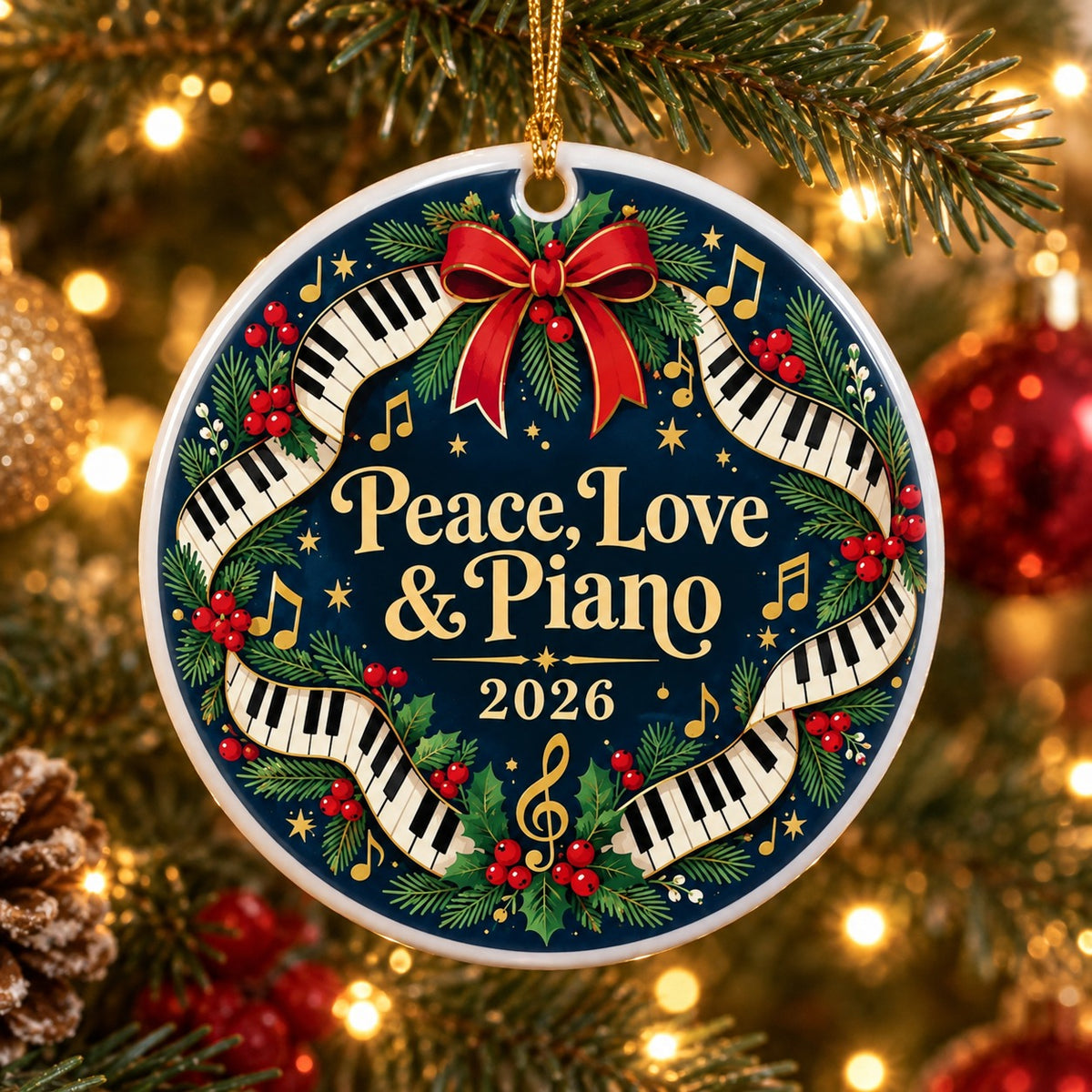 Folk Art Piano Keys Holiday Wreath Ceramic Christmas Ornament