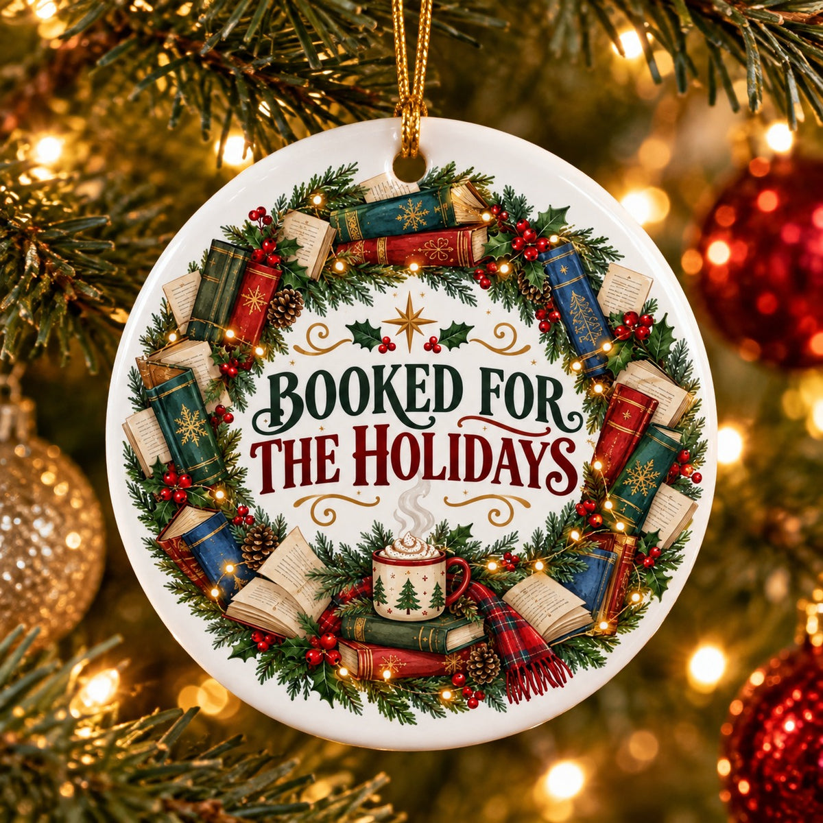 Booked for the Holidays Christmas Ceramic Book Lover Ornament