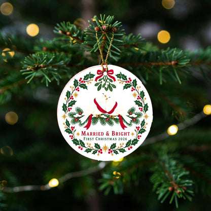 Married and Bright First Christmas Turtledoves Ceramic Ornament