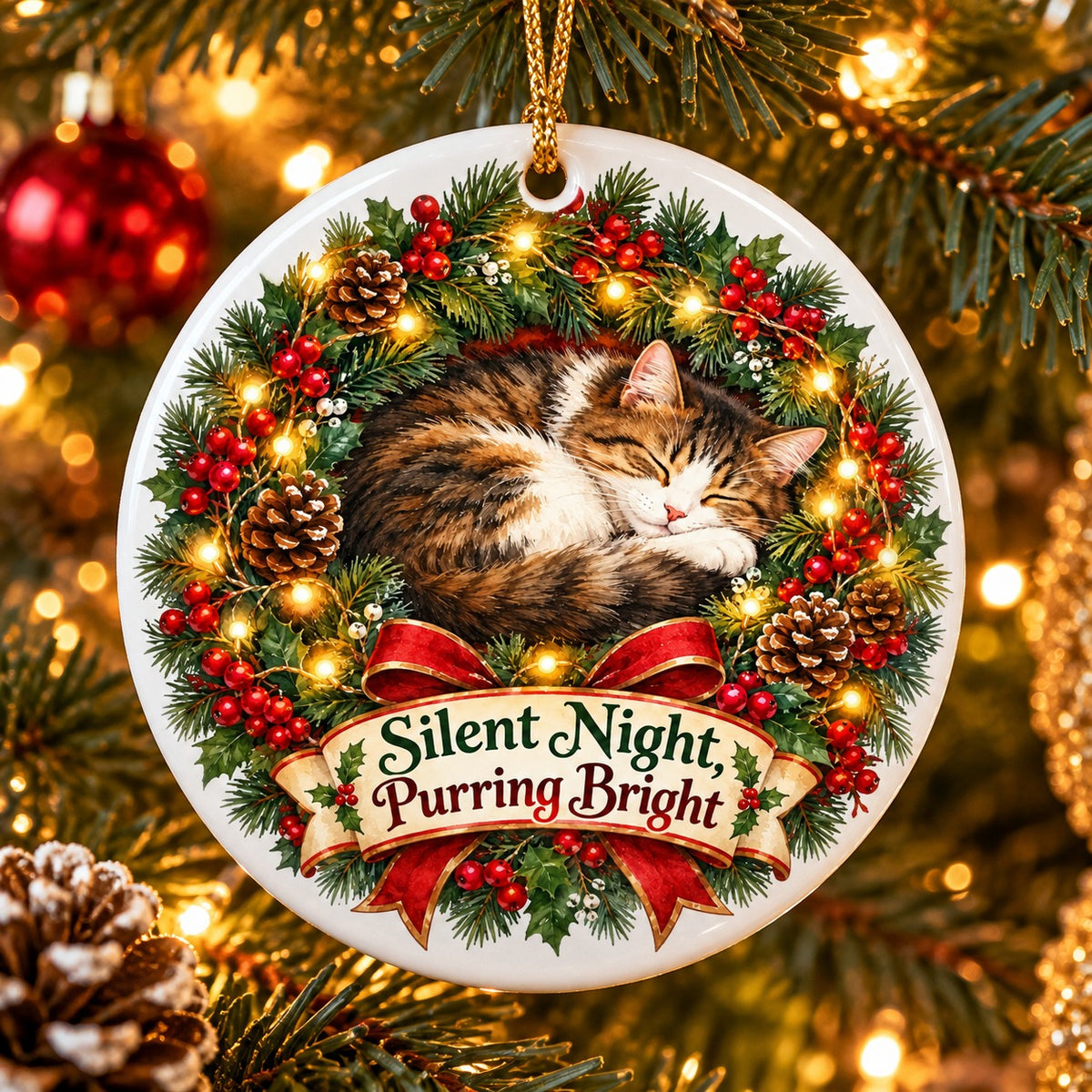 Sleeping Wreath Kitty Ceramic Christmas Ornament for Cat Lovers