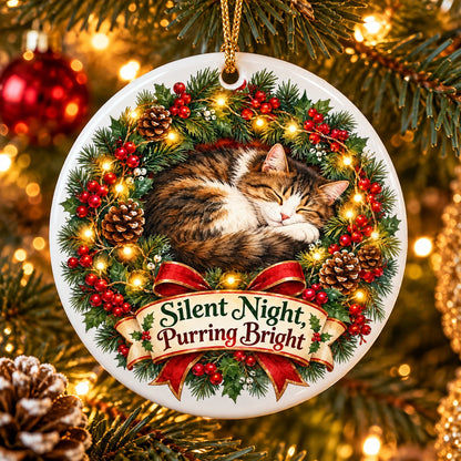 Sleeping Wreath Kitty Ceramic Christmas Ornament for Cat Lovers