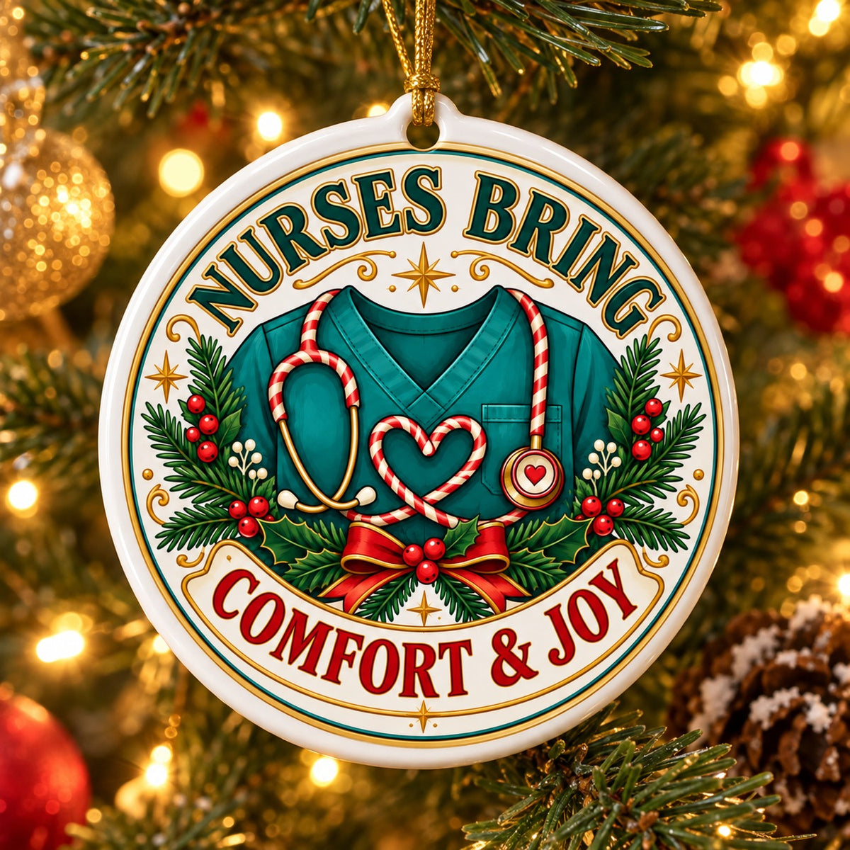 Comfort and Joy Scrub Heart Ceramic Christmas Ornament, Nurse Gift
