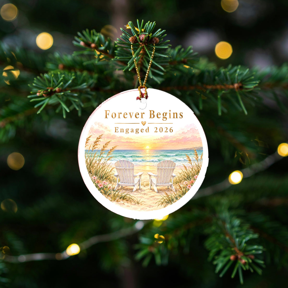 Sunset Seaside Engagement Keepsake Ceramic Christmas Tree Ornament