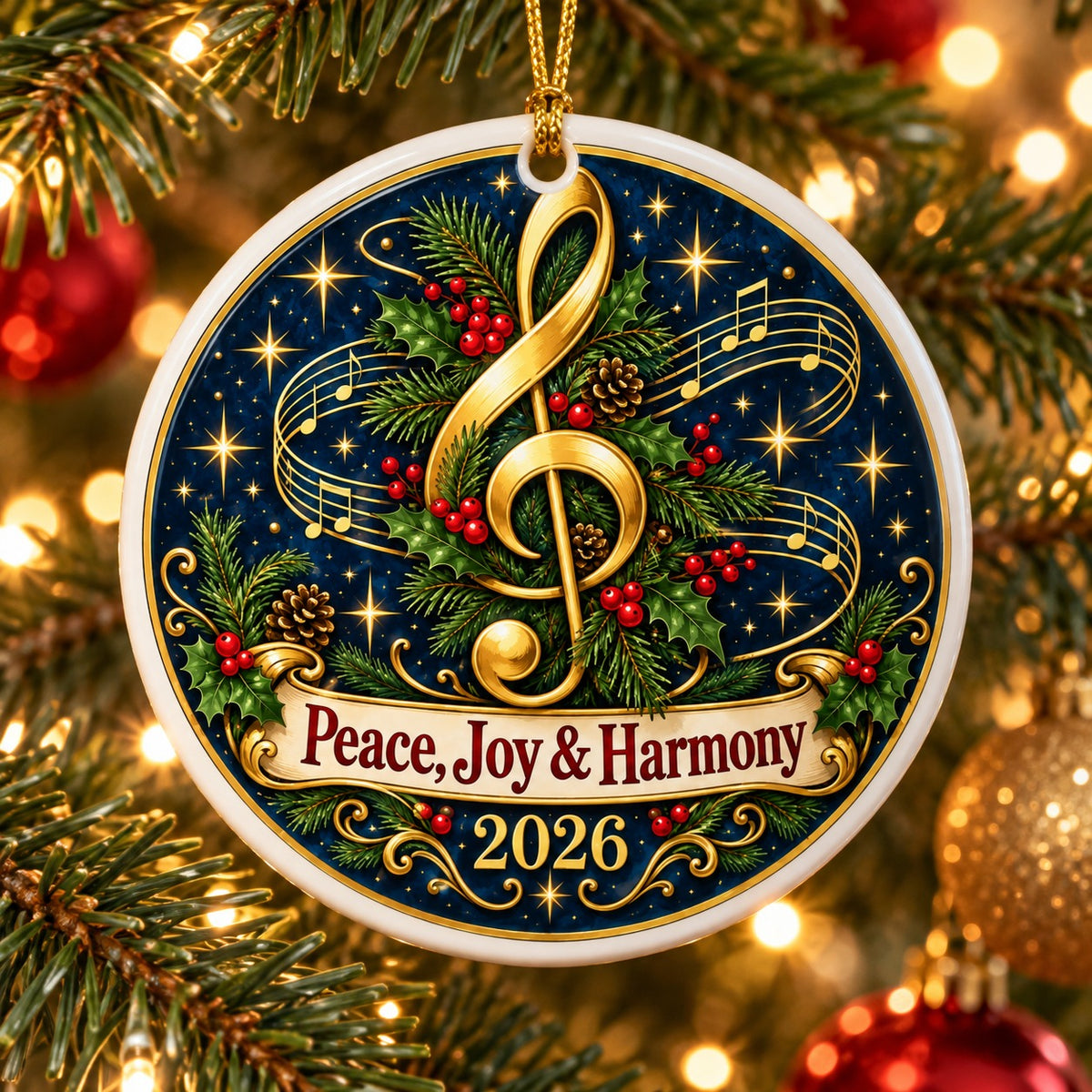 Treble Clef Harmony Wreath Ceramic Christmas Ornament