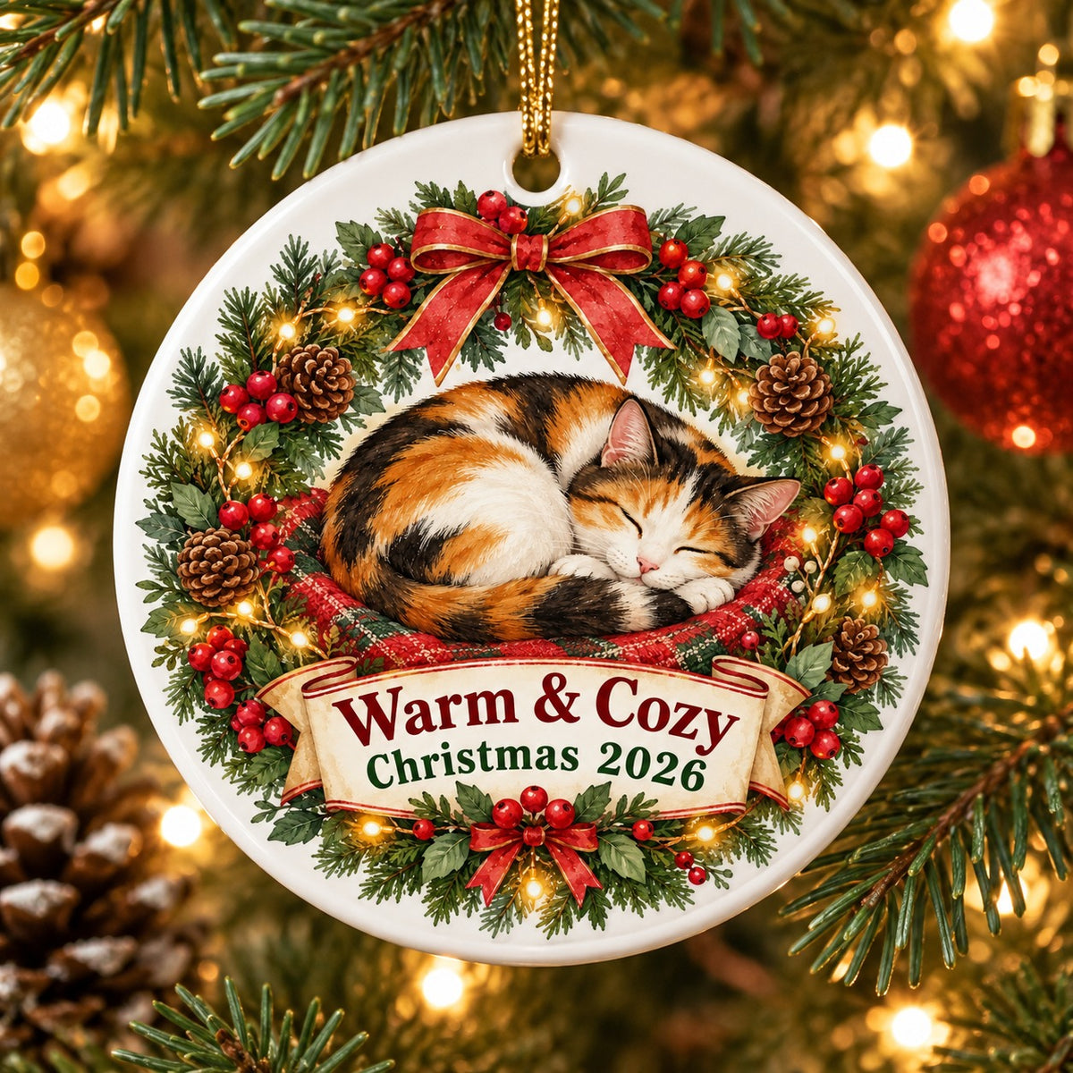 Sleeping Cat Wreath Keepsake Ceramic Christmas Ornament