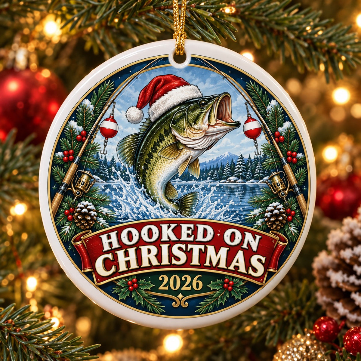 Hooked on Christmas Angler Badge Ceramic Christmas Ornament 2026
