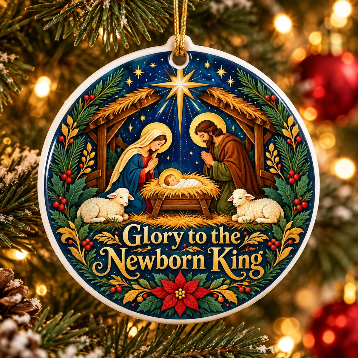 Folk Art Holy Night Nativity Scene Ceramic Christmas Ornament