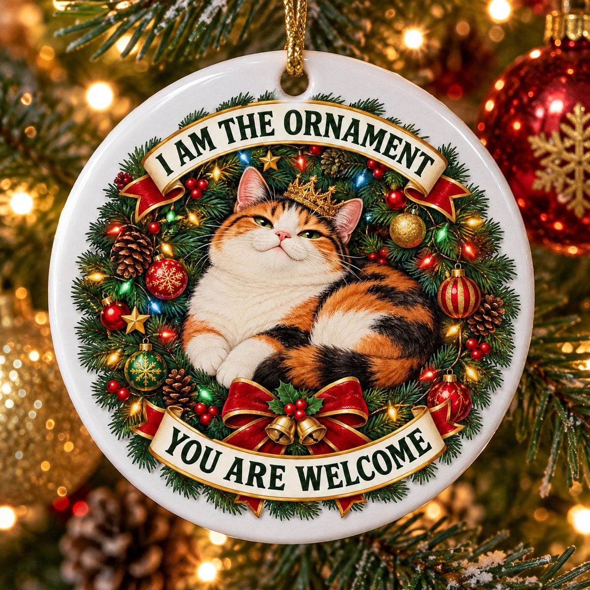 Calico Cat Christmas Wreath Ceramic Holiday Ornament