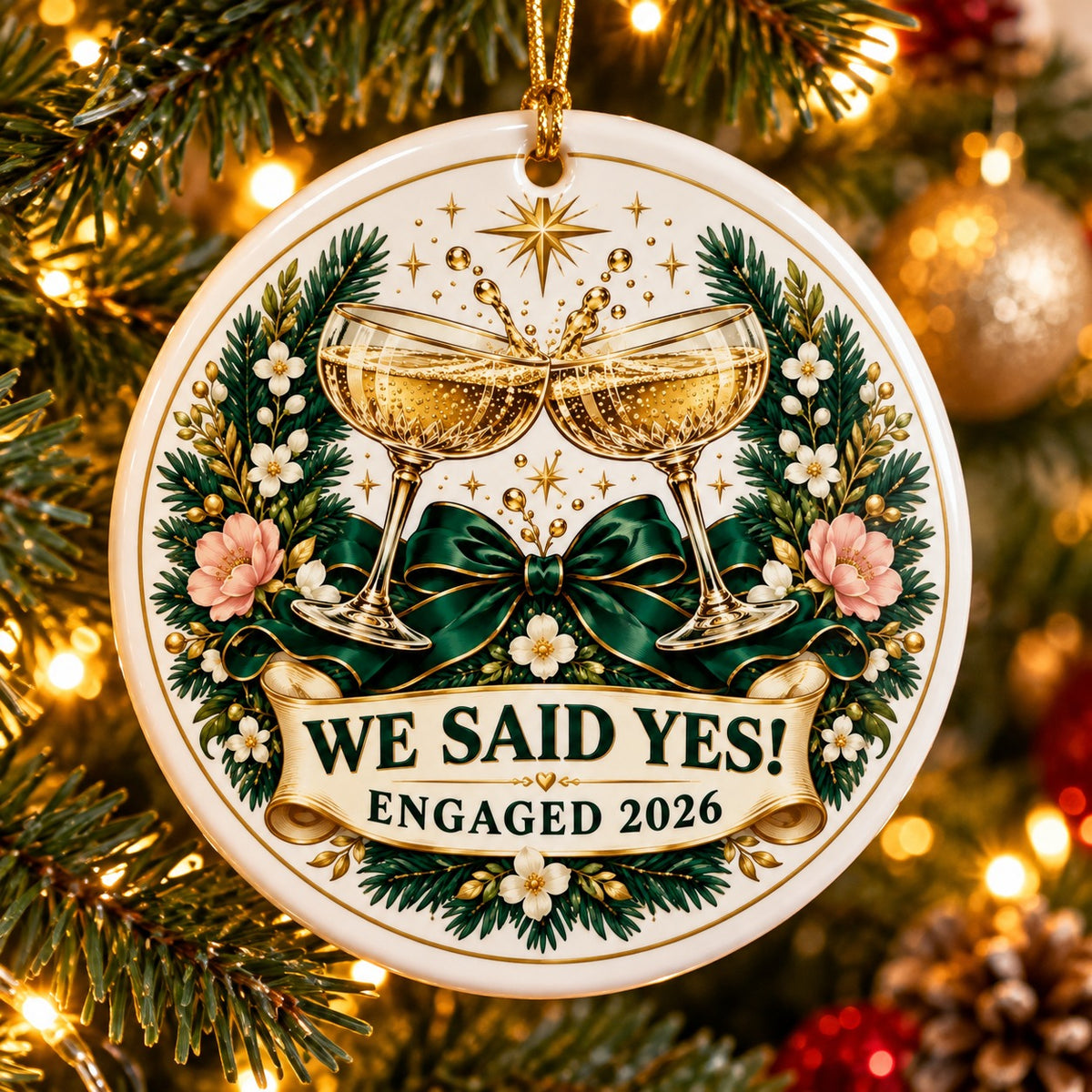 Midnight Toast Engagement Badge Ceramic Christmas Ornament