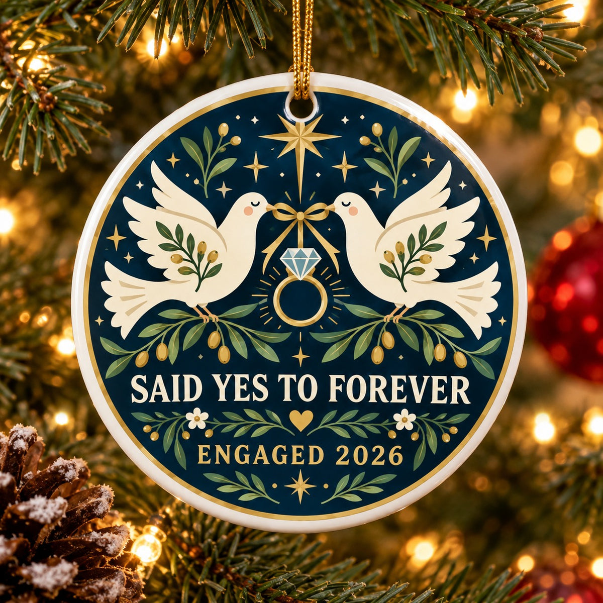Folk Art Golden Ring Doves Engaged 2026 Ceramic Ornament