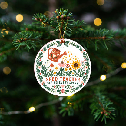 Sped Teacher Christmas Ornament, Seeing Every Spark Botanical Wreath