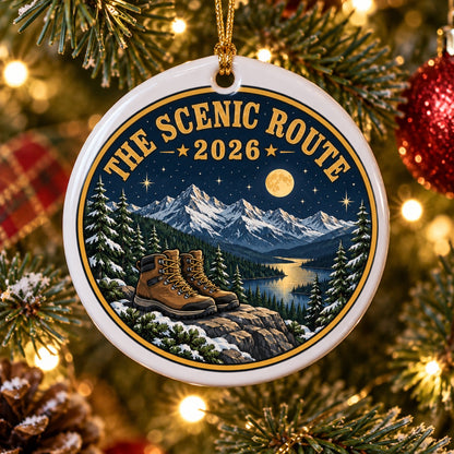 Scenic Route Alpine Summit Hiking Boots Ceramic Christmas Ornament