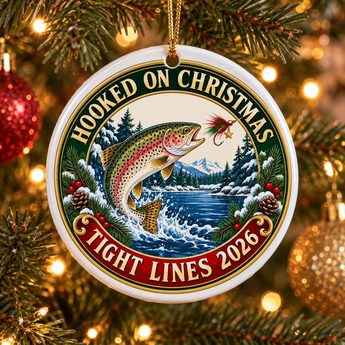 Tight Lines Holiday Fly Fishing Ceramic Christmas Ornament