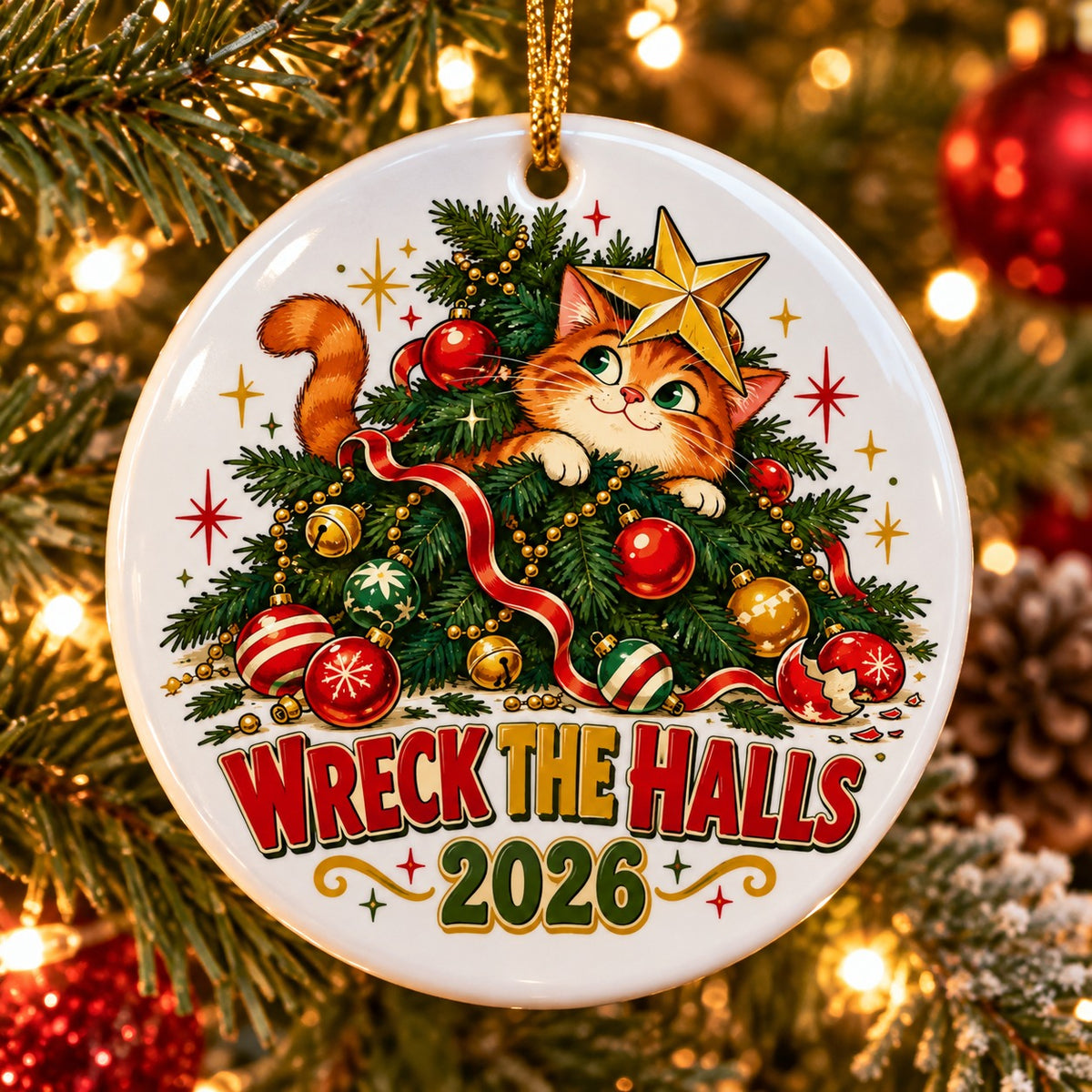 Wreck the Halls Mischief Cat Ceramic Christmas Ornament