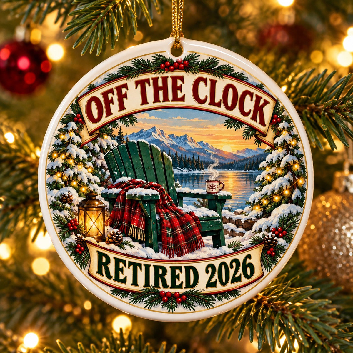 Off The Clock Cozy Winter Chair Ceramic Christmas Retirement Ornament