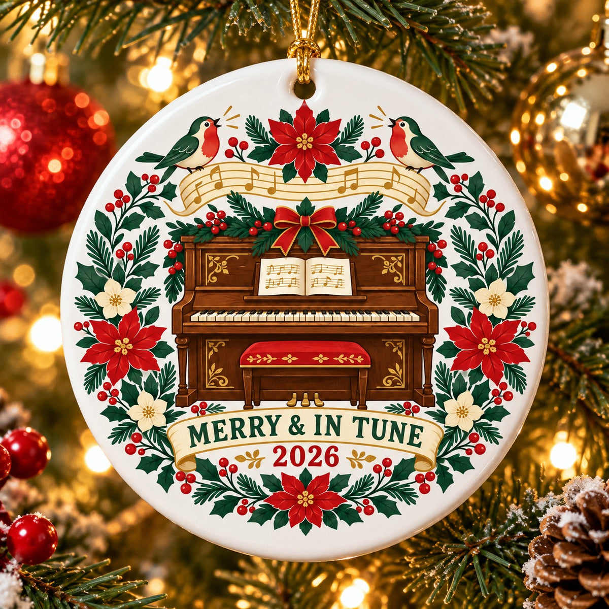 Merry and In Tune Folk Piano Ceramic Holiday Ornament