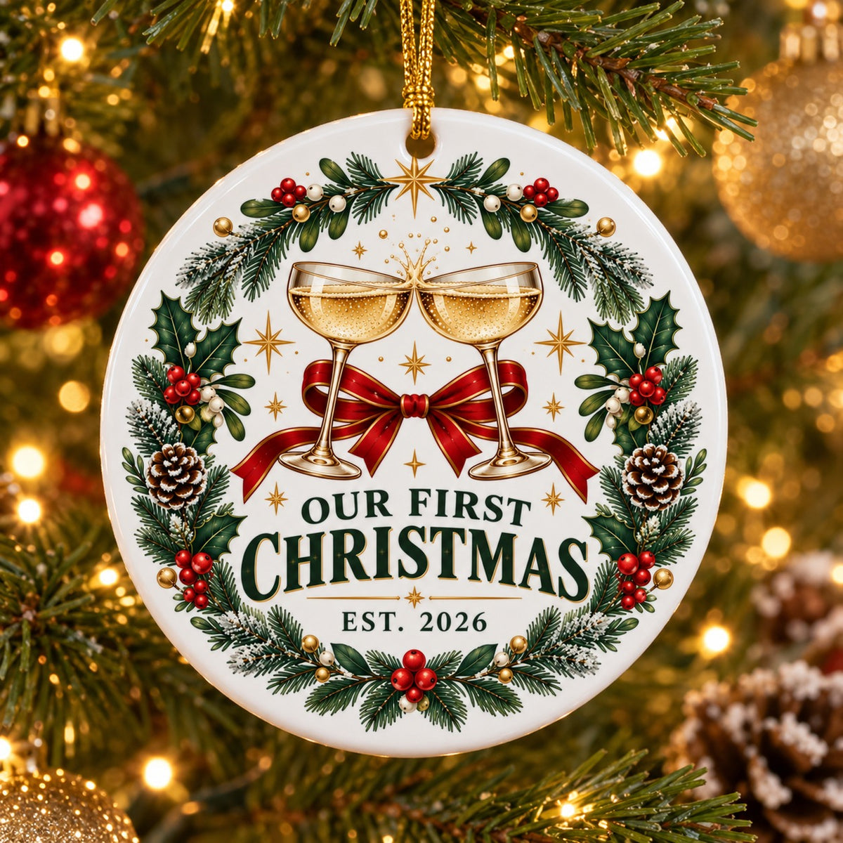 First Christmas Champagne Toast Ceramic Ornament, 2026 Newlywed Gift