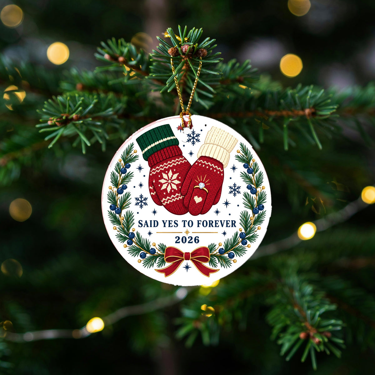 Mittens and Diamond Engagement Ceramic Christmas Ornament