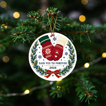 Mittens and Diamond Engagement Ceramic Christmas Ornament