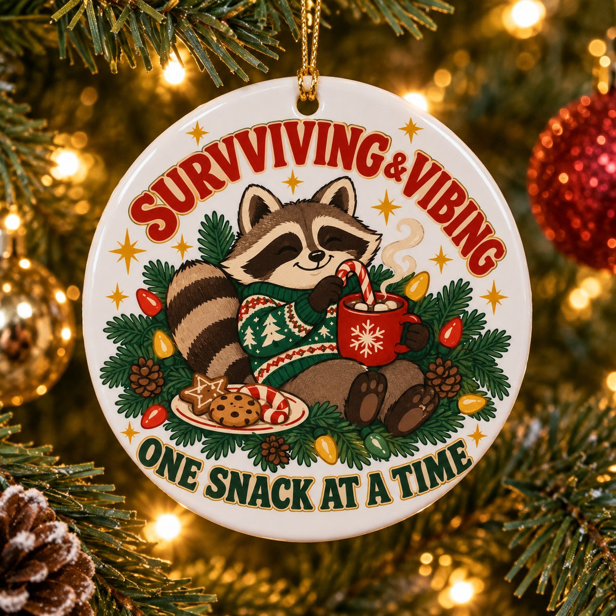 Cozy Trash Panda Raccoon Christmas Ornament, Holiday Self-Care Gift