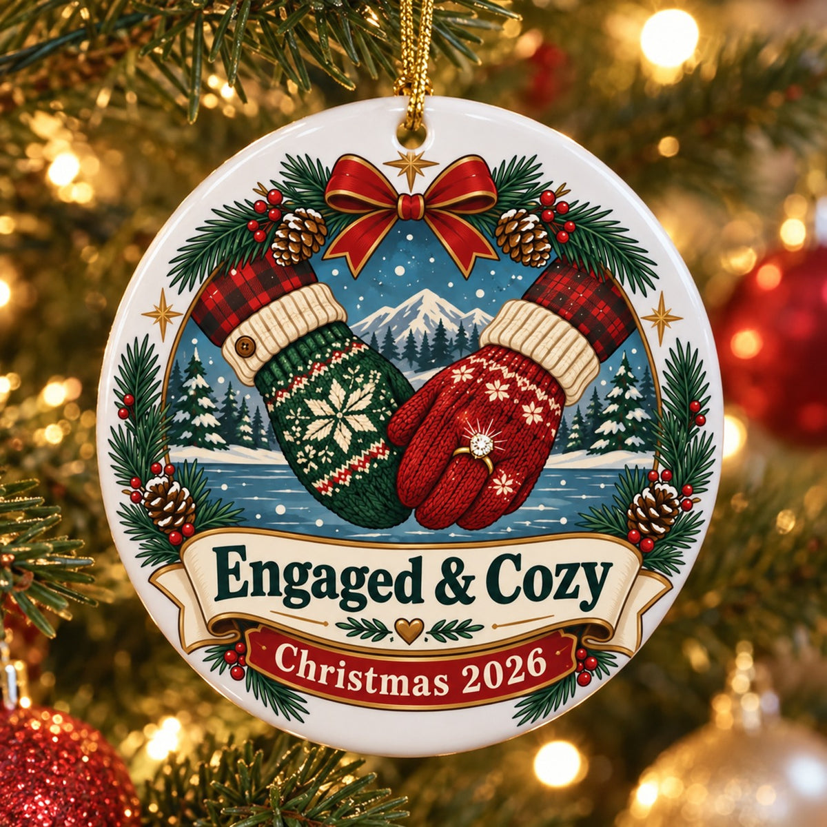 Engaged and Cozy Mittens Keepsake Engagement Christmas Ornament