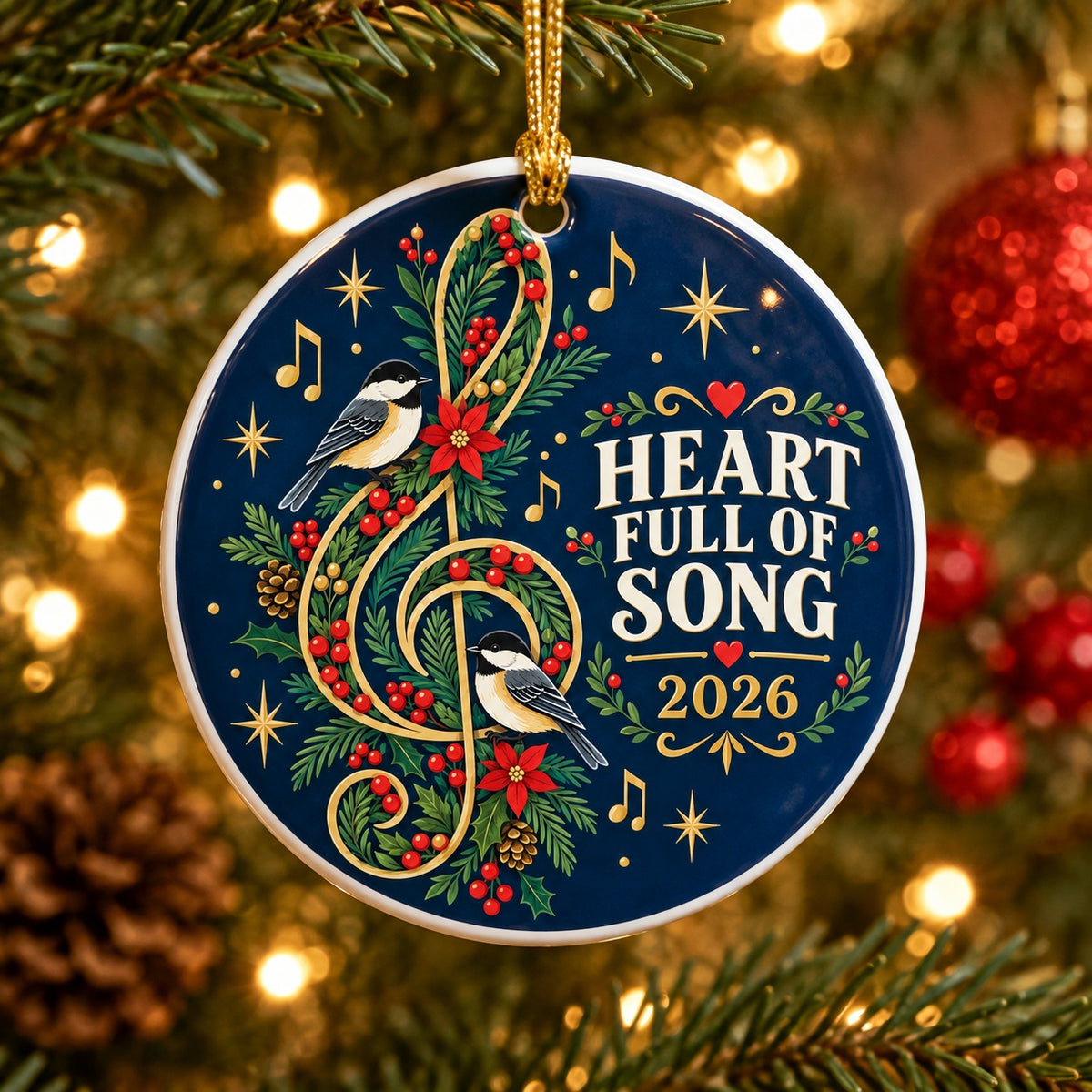 Botanical Clef Folk Art Christmas Ornament, Heart Full of Song Keepsake