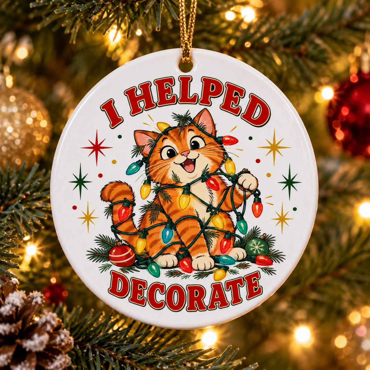 Tangled Tabby Tree Helper Ceramic Christmas Ornament, Cat Decor
