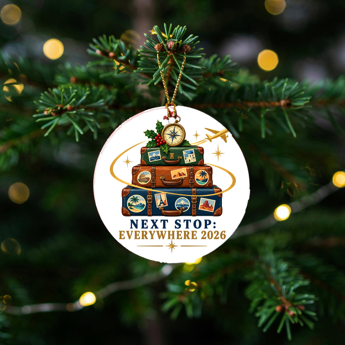 Next Stop Everywhere Luggage Badge Ceramic Christmas Ornament