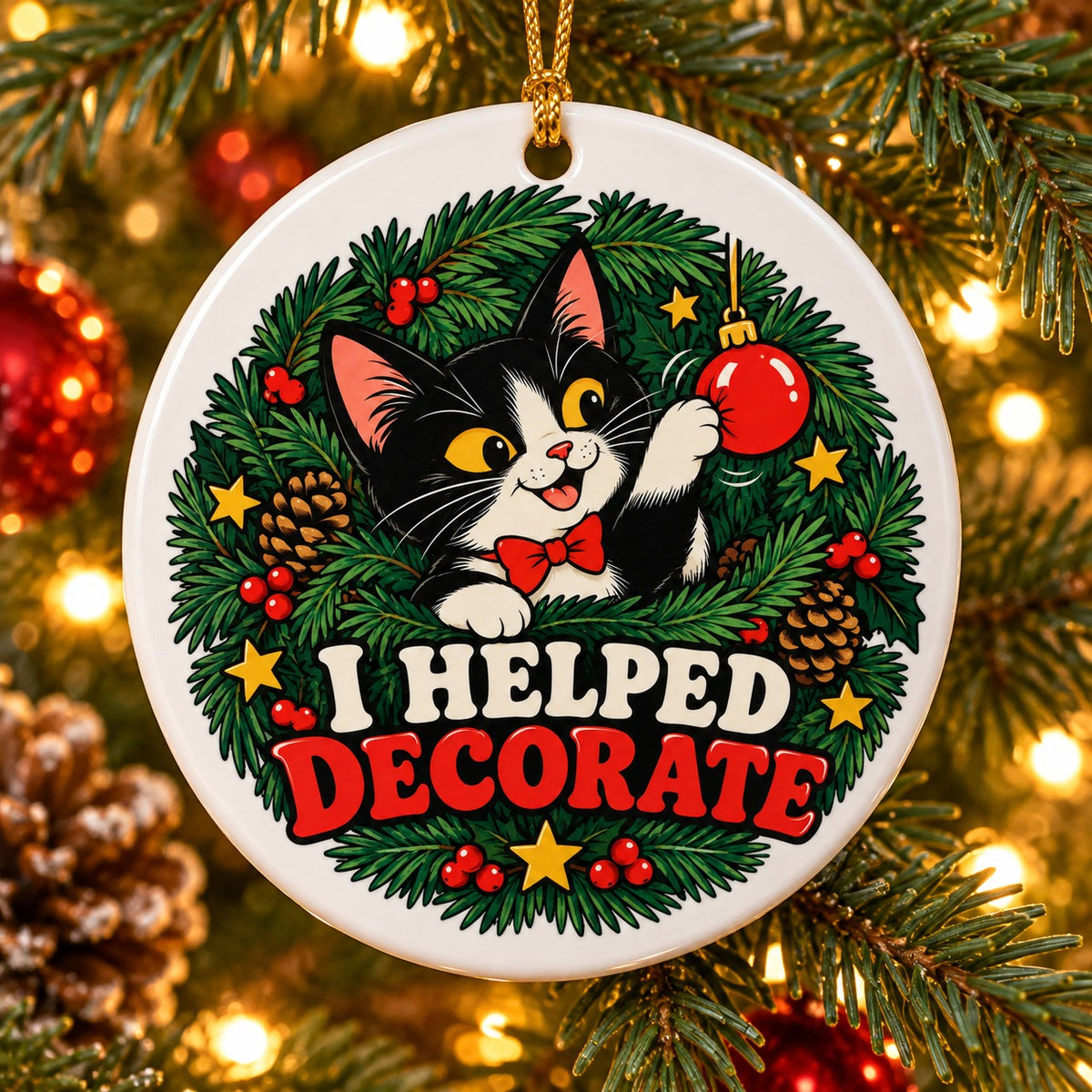 Tuxedo Cat Christmas Ornament, Funny Tree Inspector Ceramic Keepsake