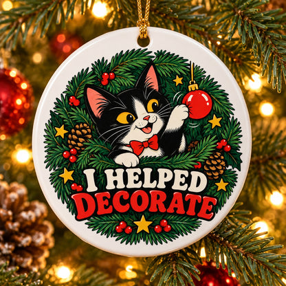 Tuxedo Cat Christmas Ornament, Funny Tree Inspector Ceramic Keepsake
