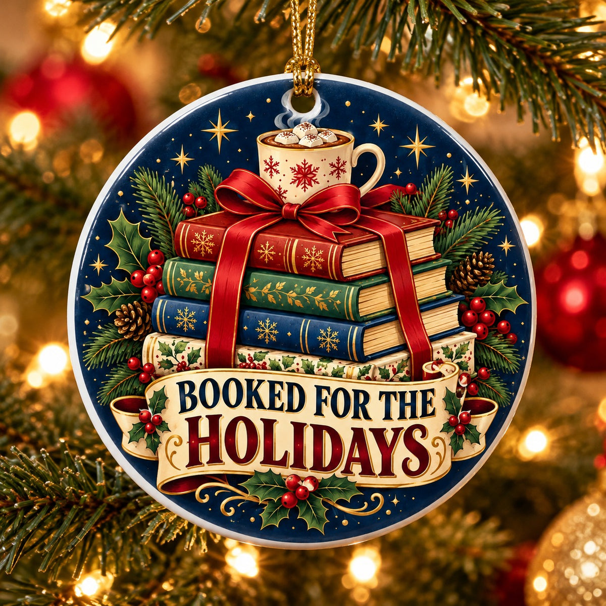 Booked for the Holidays Ceramic Ornament for Book Lovers