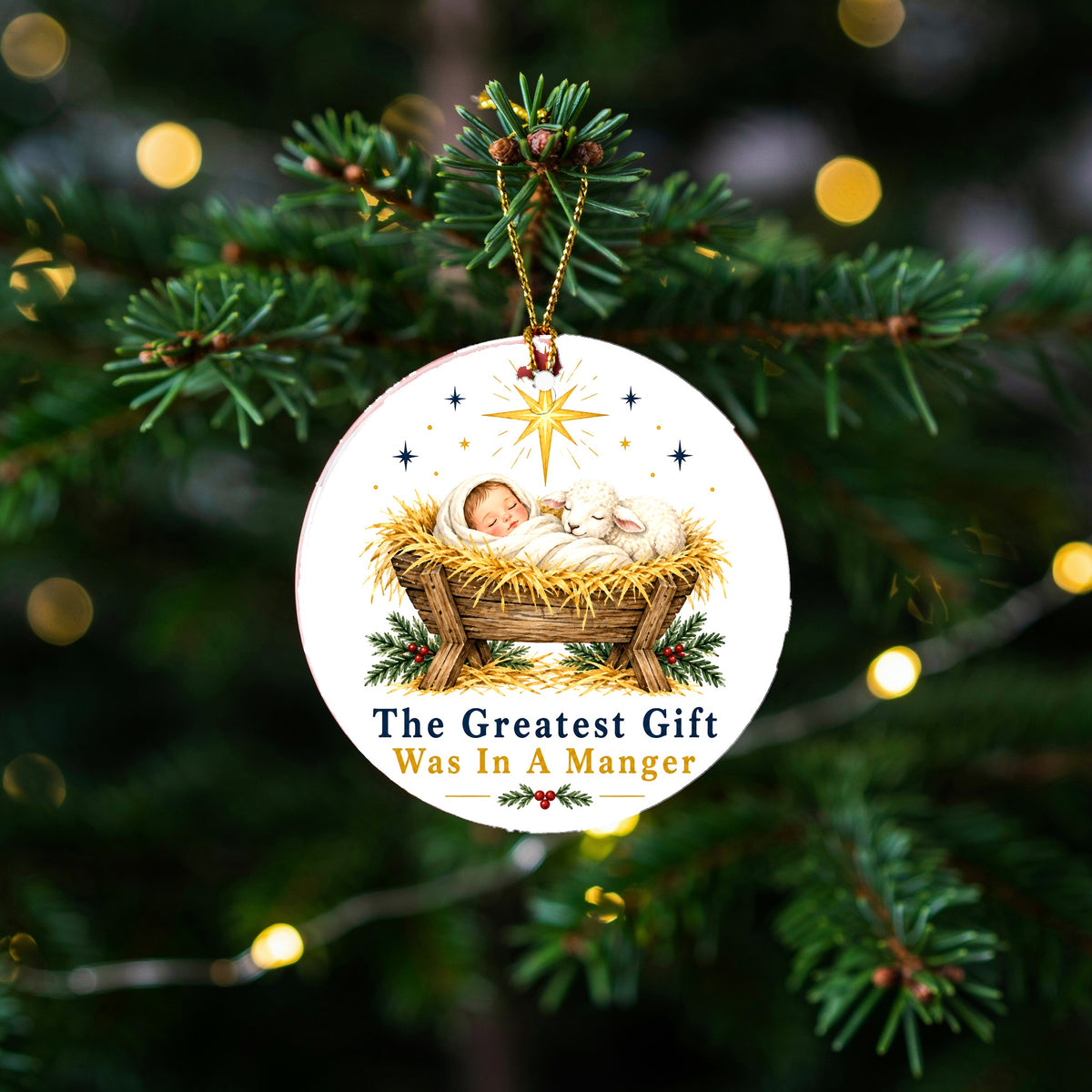 Greatest Gift Manger Keepsake Nativity Round Ceramic Christmas Ornament