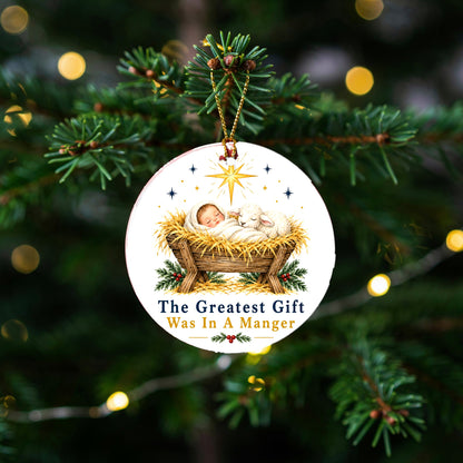 Greatest Gift Manger Keepsake Nativity Round Ceramic Christmas Ornament