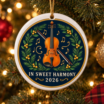 Harmonious Yuletide Fiddle Ceramic Christmas Ornament, Violin Music Gift
