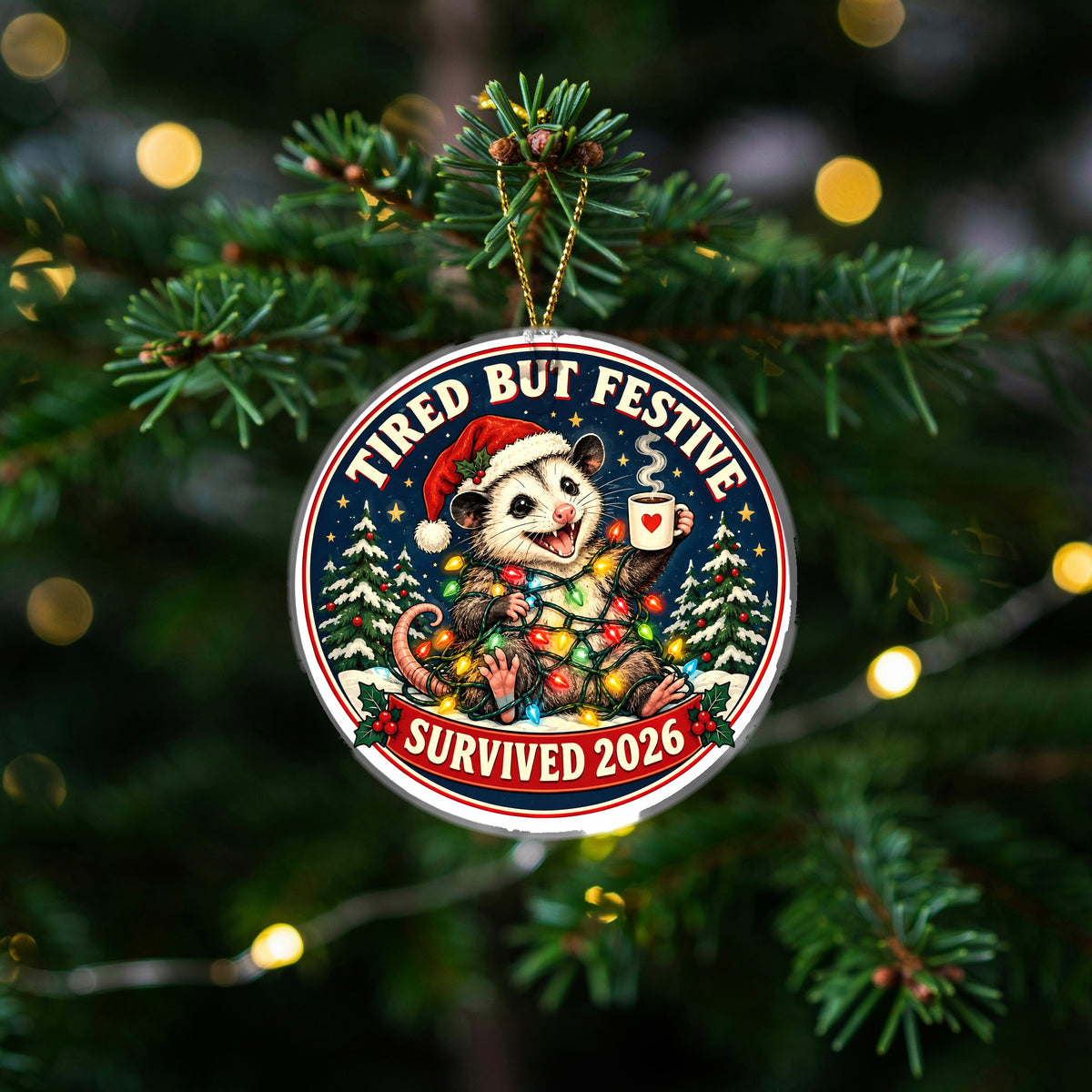 Tangled Opossum Christmas Ornament, Tired But Festive 2026 Holiday Gift