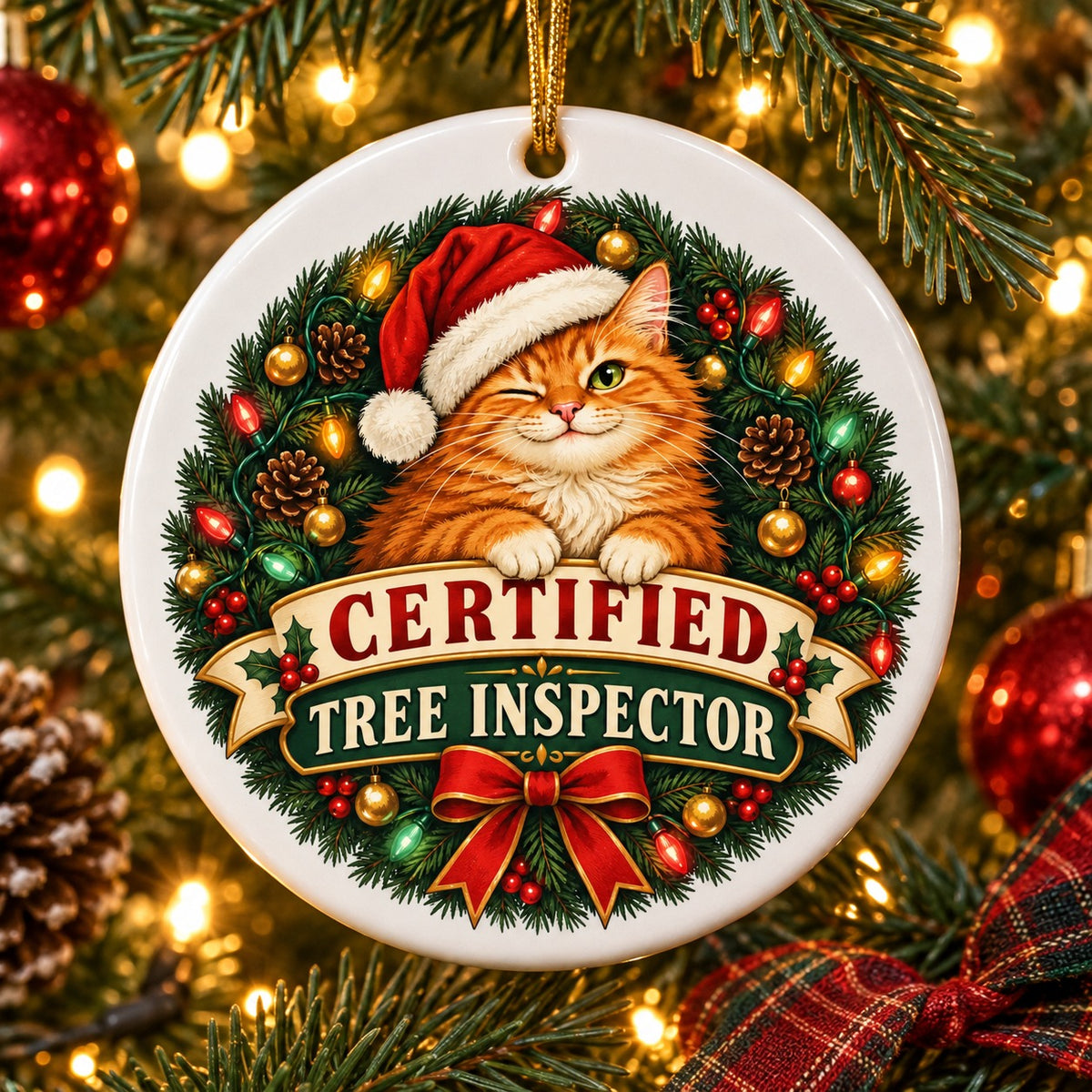 Certified Tree Inspector Cat Christmas Ornament for Pet Lovers