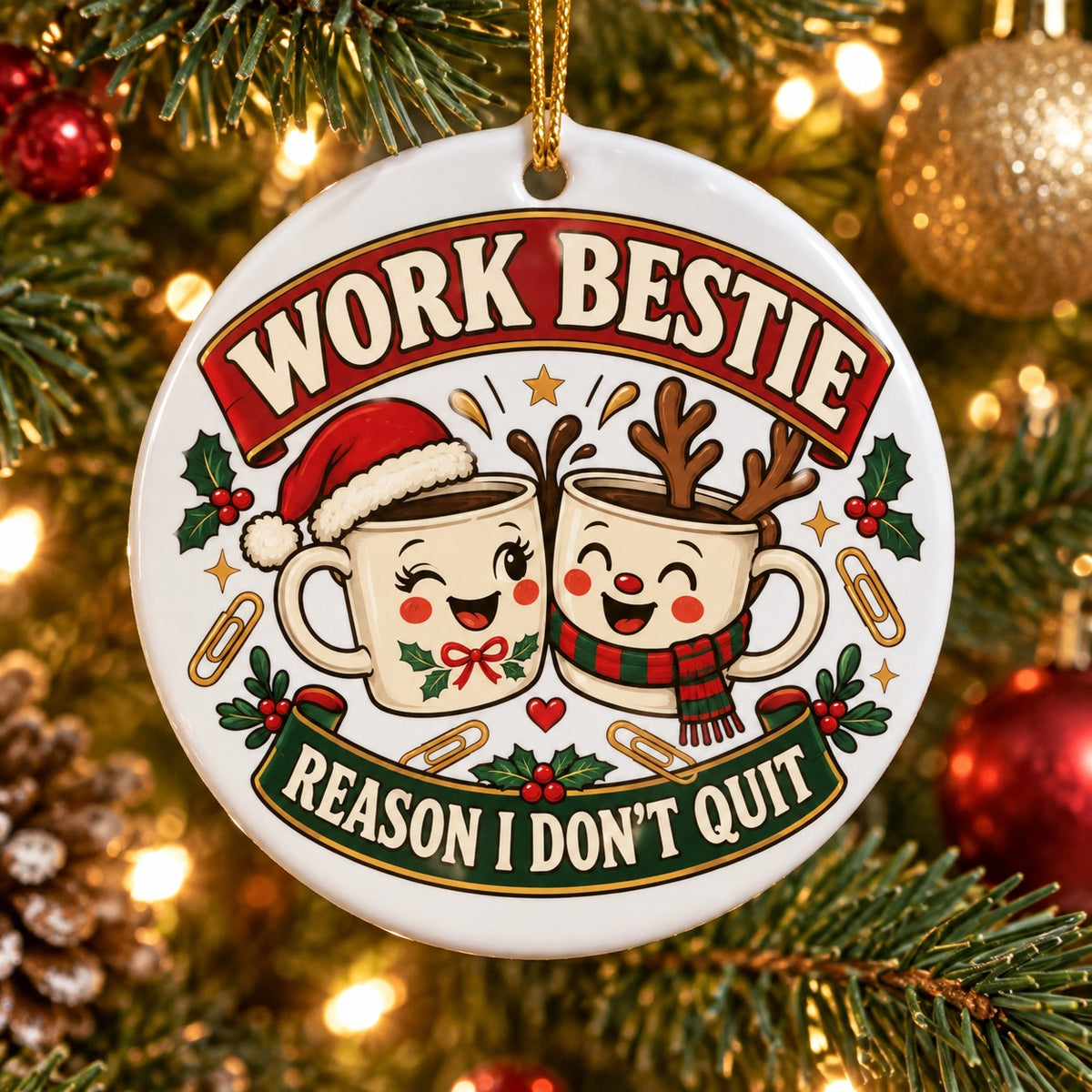 Office Bestie Christmas Ceramic Ornament for Coworker Gift