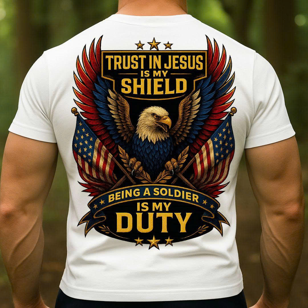 Veteran Christian Soldier T-Shirt – Trust in Jesus Is My Shield | Patriotic Eagle Military Tee