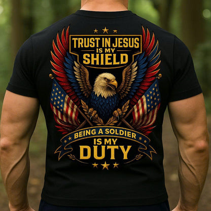 Veteran Christian Soldier T-Shirt – Trust in Jesus Is My Shield | Patriotic Eagle Military Tee