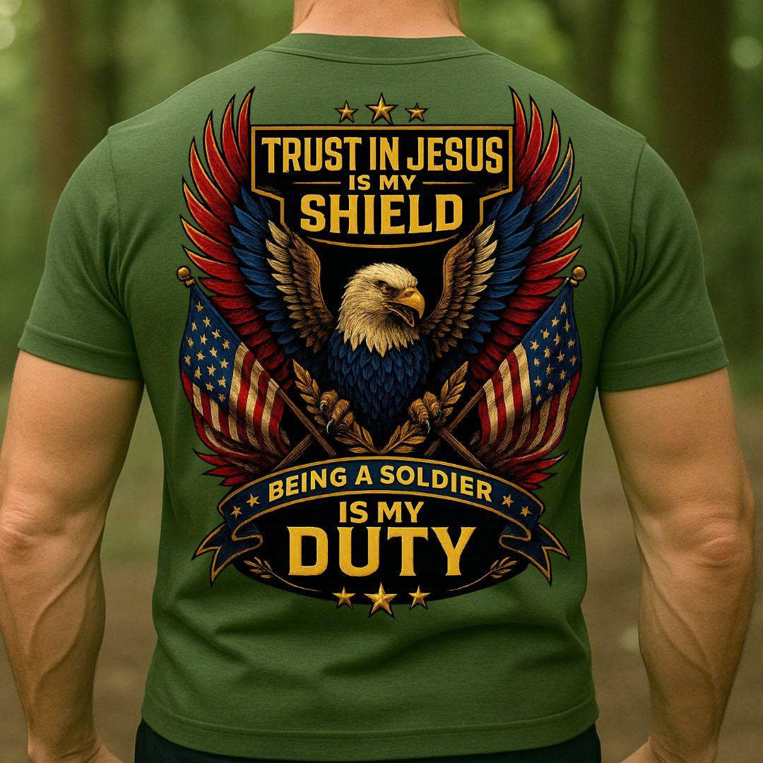 Veteran Christian Soldier T-Shirt – Trust in Jesus Is My Shield | Patriotic Eagle Military Tee