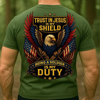 Veteran Christian Soldier T-Shirt – Trust in Jesus Is My Shield | Patriotic Eagle Military Tee