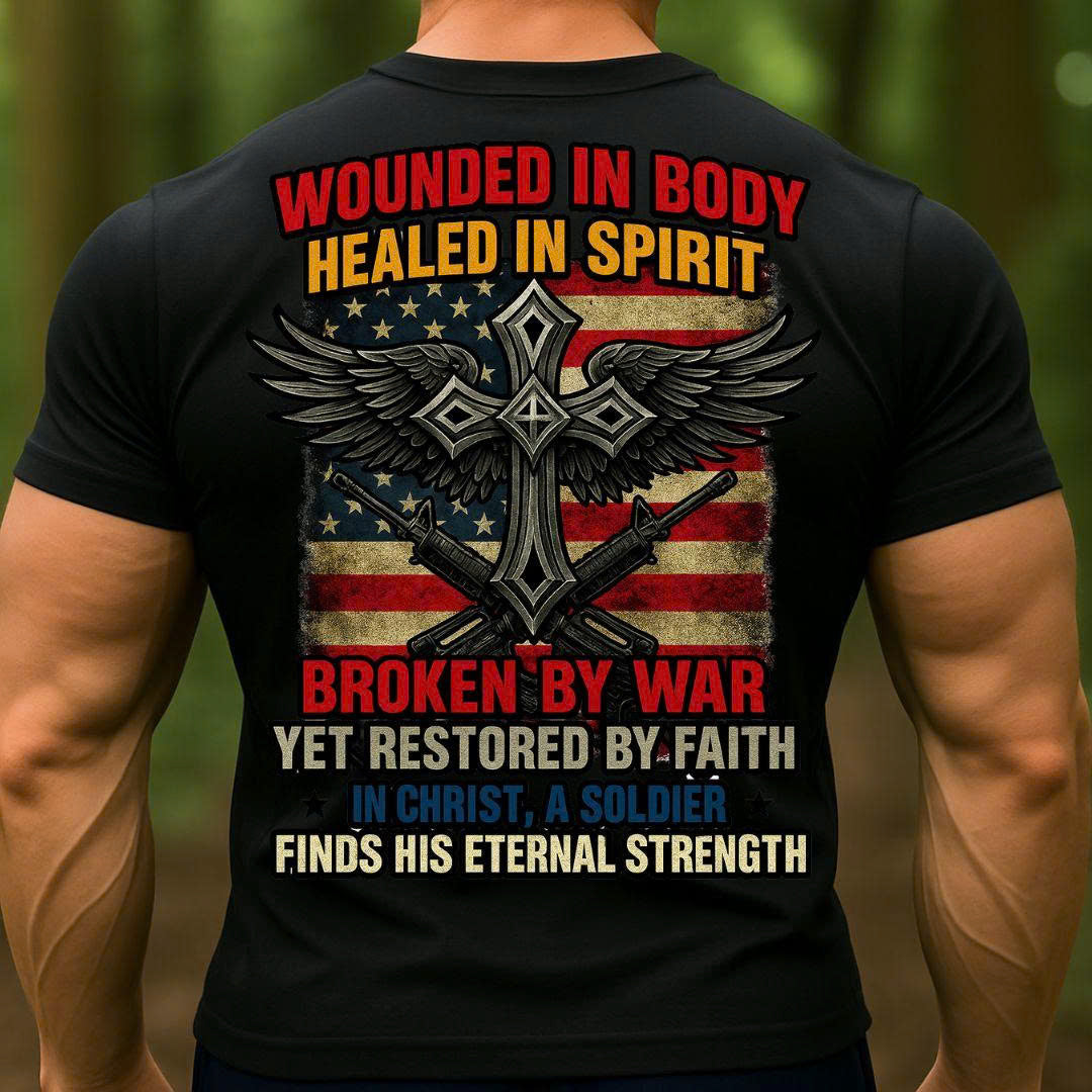 Veteran Christian Soldier T-Shirt – Wounded in Body Healed in Spirit | Patriotic Cross Faith Military Tee