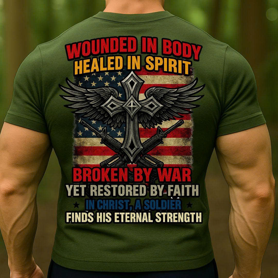 Veteran Christian Soldier T-Shirt – Wounded in Body Healed in Spirit | Patriotic Cross Faith Military Tee